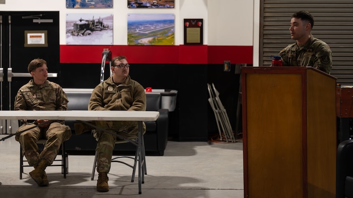 U.S. Air Force Senior Master Sgt. Jacob Williams, right, 51st Civil Engineer Squadron first sergeant, shares his leadership experience at Osan Air Base, Republic of Korea, Nov. 20, 2025. Through shared challenge and mentorship, the Haetae Leadership Academy strengthened Airmen's ability to lead, follow, and operate effectively when called upon. (U.S. Air Force photo by Senior Airman Rome Bowermaster)