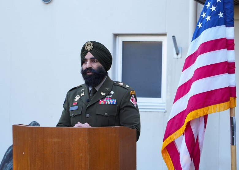 U.S. Army Corps of Engineers – Japan Engineer District (USACE JED) deputy commander, Lt. Col. Simratpal “Simmer” Singh, addresses members of JED during a speech after his promotion ceremony at the District’s headquarters on Camp Zama, Japan, Nov. 26th, 2025.