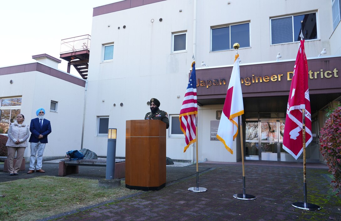 U.S. Army Corps of Engineers – Japan Engineer District (USACE JED) deputy commander, Lt. Col. Simratpal “Simmer” Singh, addresses members of JED during a speech after his promotion ceremony at the District’s headquarters on Camp Zama, Japan, Nov. 26th, 2025.
