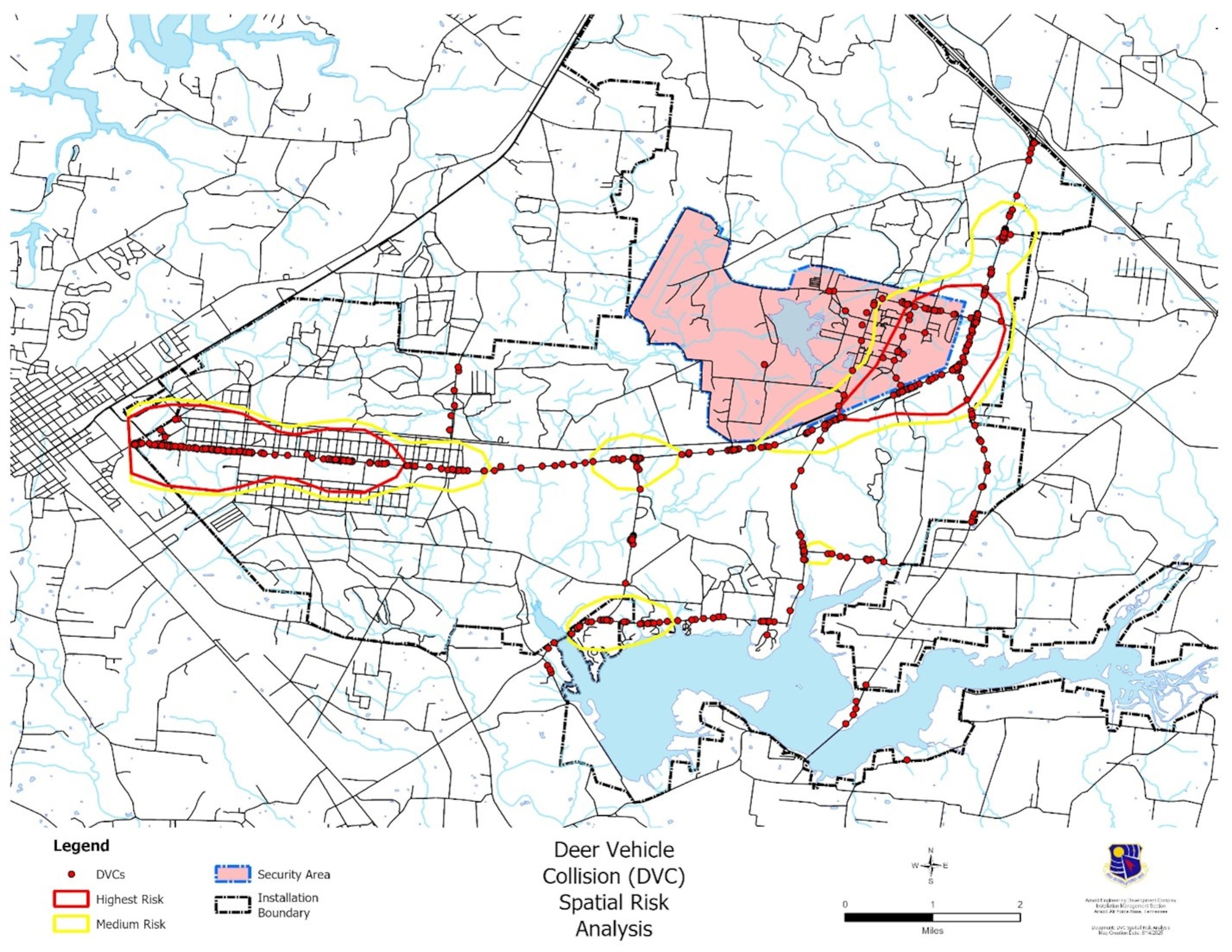 The Arnold Engineering Development Complex Natural Resources team at Arnold Air Force Base, Tenn., headquarters of AEDC, is urging motorists traveling on and around the base to be more cautious, as the period from October to January is peak deer-vehicle collision season. Travelers on Arnold AFB property should always assume they are driving through deer habitat but, based on the geospatial probability analysis represented in this map, there appear to be areas at Arnold where deer-vehicle collisions are more concentrated and pose a higher risk. (Graphic contributed)