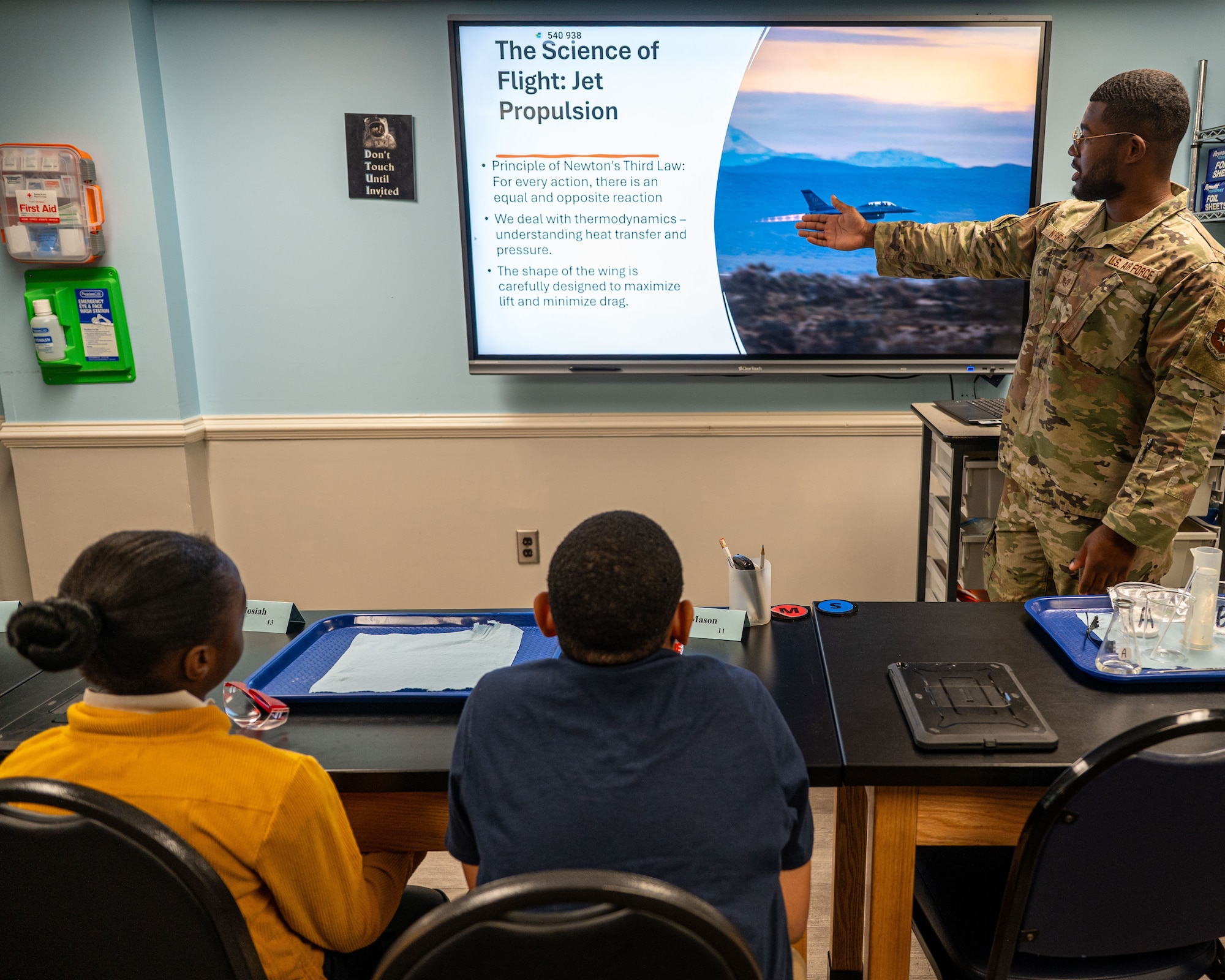 U.S. Air Force Staff Sgt. John Norris, 42d Safety Office occupational safety technician, teaches a STEM class to a group of kids at STARBASE Maxwell Air Force Base Oct. 9, 2025.