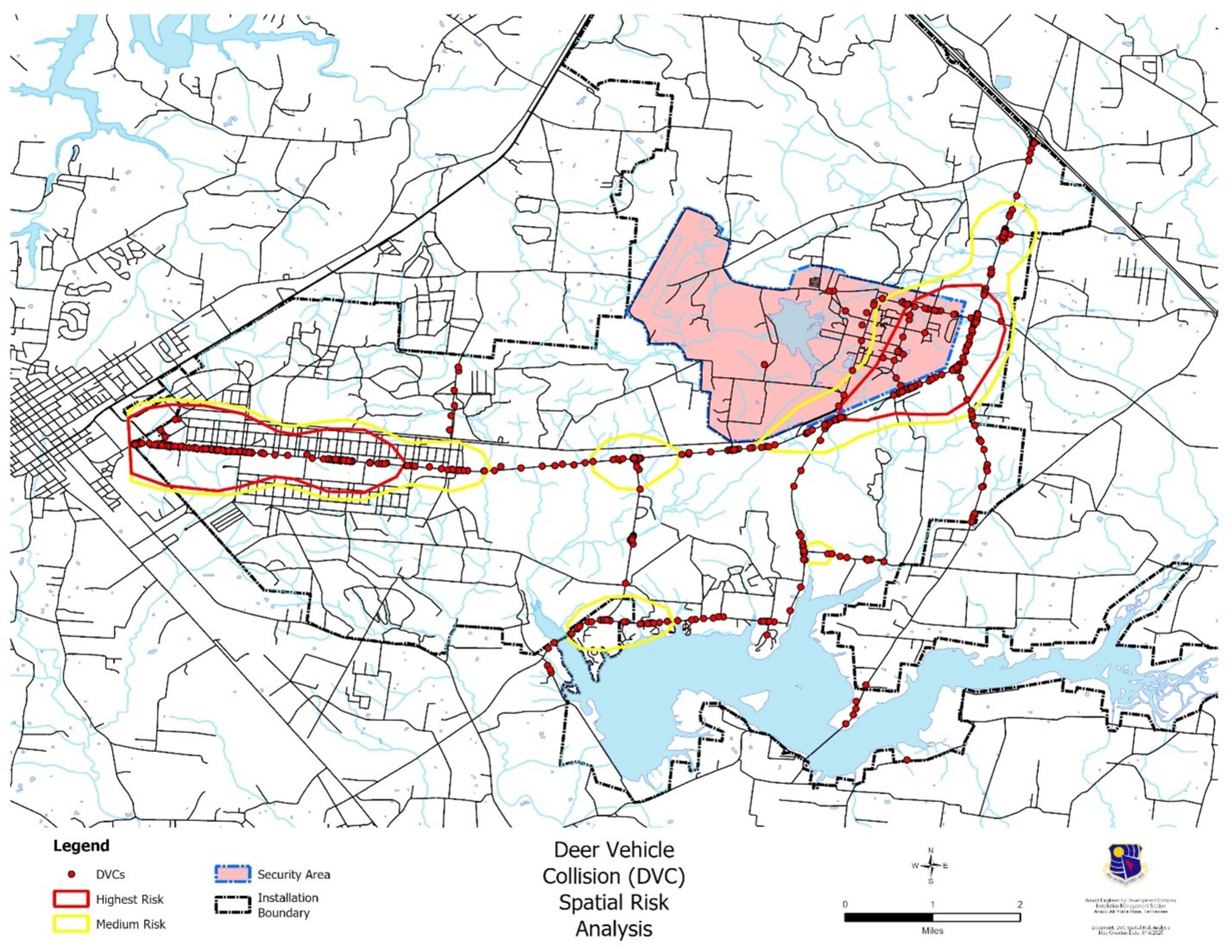 The Arnold Engineering Development Complex Natural Resources team at Arnold Air Force Base, Tenn., headquarters of AEDC, is urging motorists traveling on and around the base to be more cautious, as the period from October to January is peak deer-vehicle collision season. Travelers on Arnold AFB property should always assume they are driving through deer habitat but, based on the geospatial probability analysis represented in this map, there appear to be areas at Arnold where deer-vehicle collisions are more concentrated and pose a higher risk. (Graphic contributed)