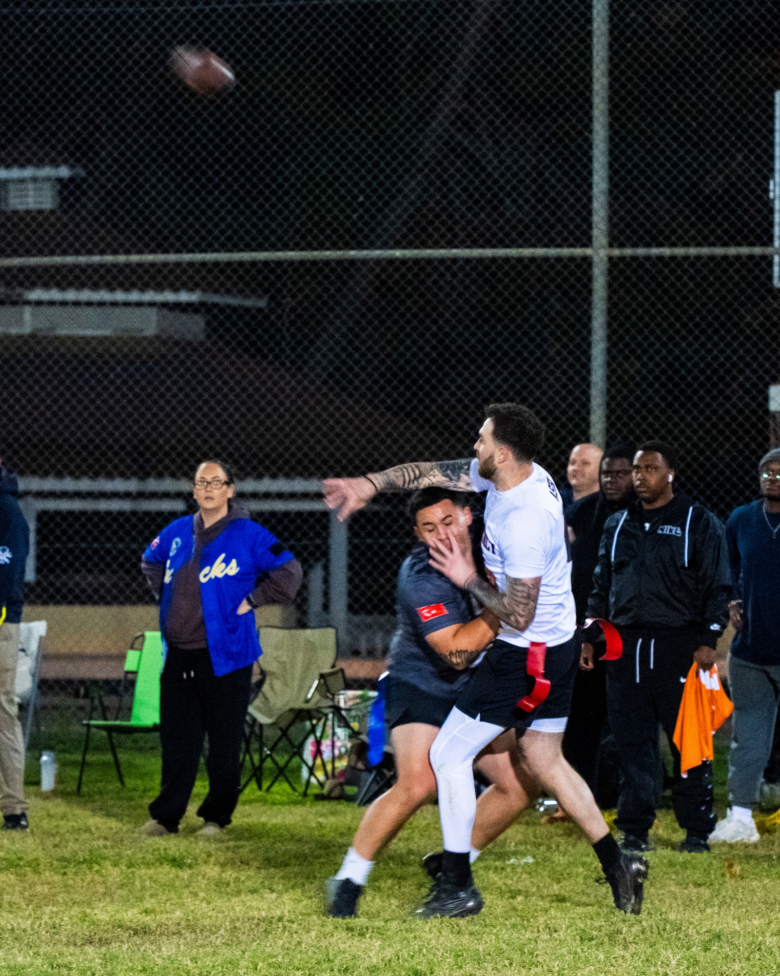 U.S. Airmen compete in an intramural flag football game
