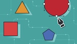 A square, triangle, pentagon and circle in different colors appear in an artboard. The pen tool is editing the circle's Bézier curves.