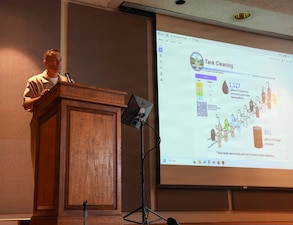 Rear Adm. Marc Williams, deputy commander, Navy Closure Task Force-Red Hill (NCTF-RH), provides a semi-annual update to the Hawaii Department of Health Fuel Tank Advisory Committee in Honolulu, Oct. 1, 2025. Charged with the safe decommissioning of the Red Hill Bulk Fuel Storage Facility (RHBFSF), NCTF-RH was established by the Department of the Navy as a commitment to the community and the environment. NCTF-RH continues to engage with the people of Hawaii, regulatory agencies, and other stakeholders as it safely and deliberately decommissions the RHBFSF. (U.S. Navy photo by Mass Communication Specialist 1st Class Glenn Slaughter)