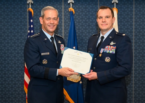 Service member awarded medals.