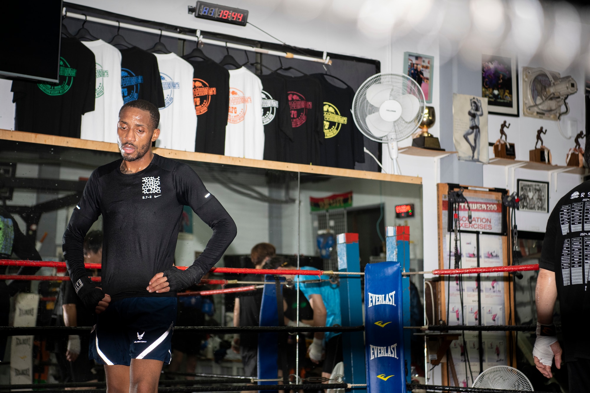 U.S. Air Force Senior Airman Craig Jeudy, Fifth Air Force technical support technician, rests during a training session.