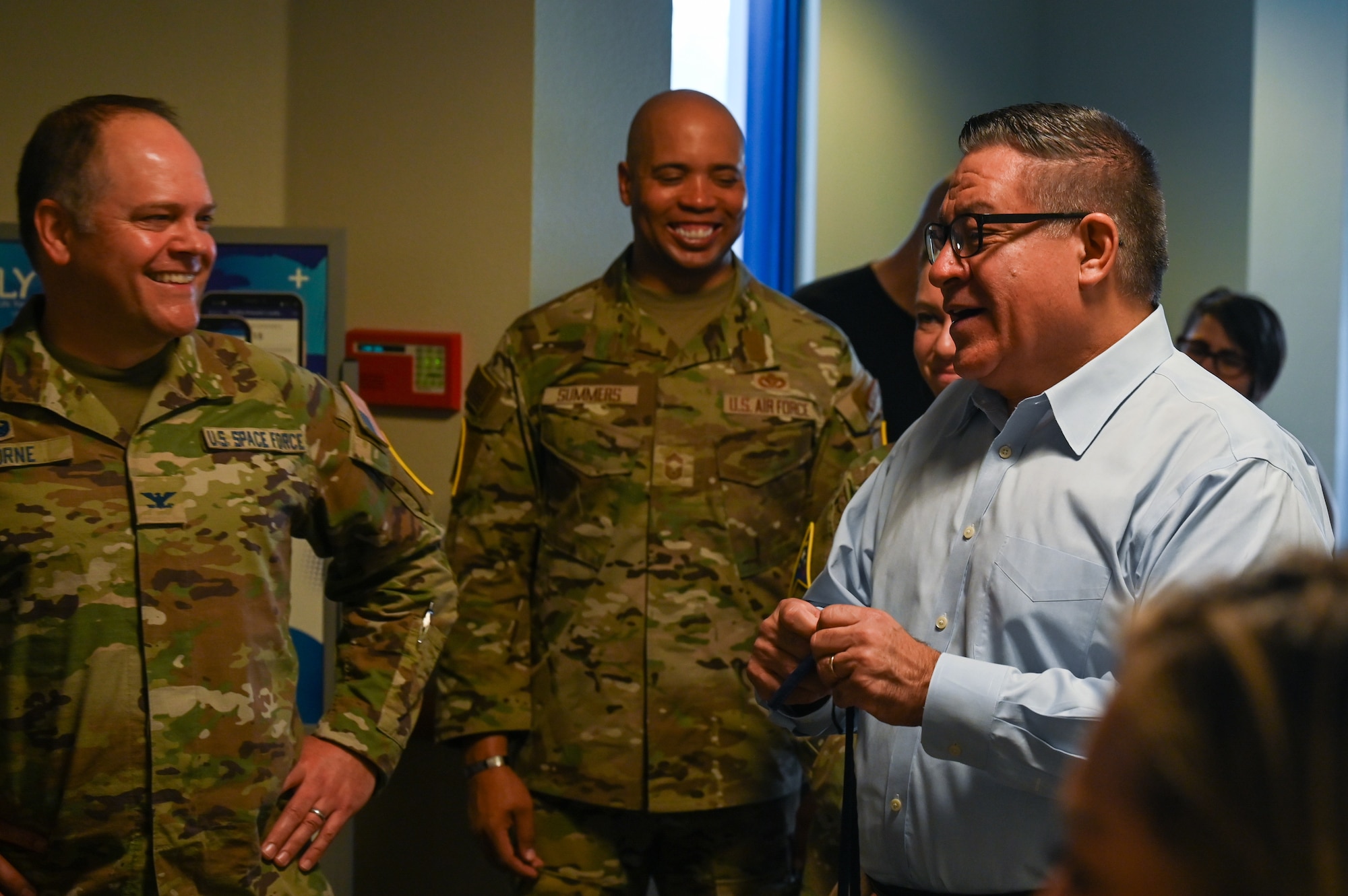 U.S. Congressman Salud Carbajal (D-24th/CA) greets U.S. Space Force Col. James T. Horne III, Space Launch Delta 30 commander, during a Thanksgiving event hosted annually for Vandenberg Space Force Base service members.