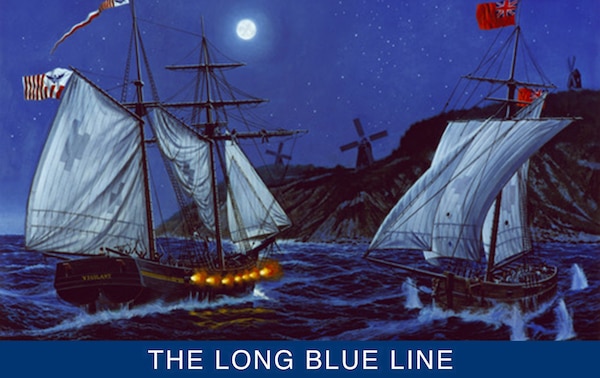 Revenue cutter Vigilant firing on British privateer Dart prior to boarding and capturing the enemy vessel. (Coast Guard Collection)