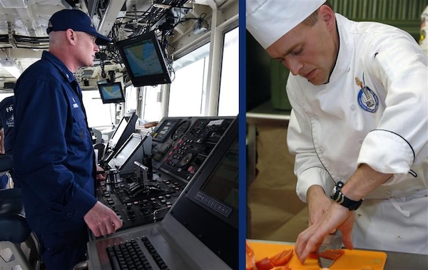 (left) Coast Guard Chief Warrant Officer 4 Michael Popelars, commanding officer of Cutter Frank Drew, pilots the buoy tender on the James River in Newport News, Virginia, Feb. 22, 2018. (U.S. Coast Guard photo by Petty Officer 3rd Class Corinne Zilnicki/Released) (right) Coast Guard Chief Food Service Specialist Justin Reed slices peppers during the Master Chef competition of the 32nd annual U.S. Army Culinary Arts Competition at Fort Lee, Va., March 5, 2007. (U.S. Coast Guard photo by Petty Officer 2nd Class Kip Wadlow)