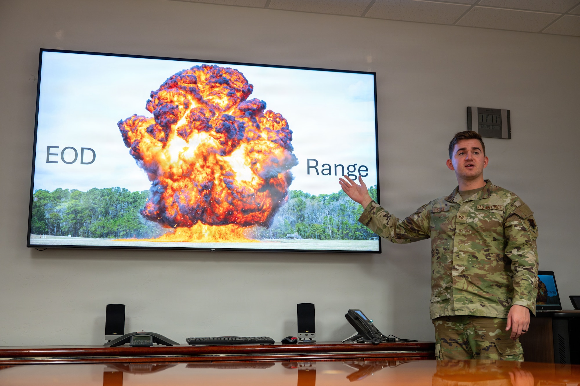 U.S. Air Force Staff Sgt. Joshua Schul, 355th Civil Engineer Squadron unit deployment manager, briefs Airmen about an upcoming exercise at Davis-Monthan Air Force Base, Arizona, Sept. 26, 2025. Schul's responsibilities included ensuring Airmen have all the tools they need to be mission ready. (U.S. Air Force photo by Senior Airman Jasmyne Bridgers-Matos)