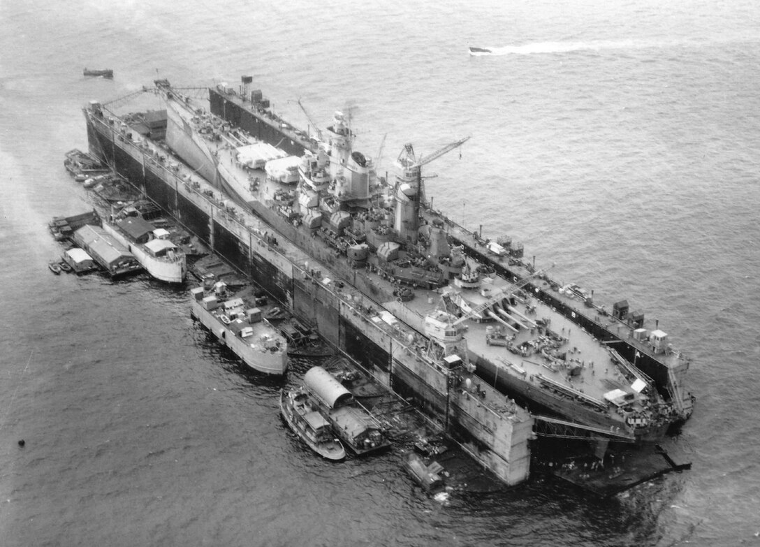 Aerial of USS Iowa (BB 61) while in the floating dry-dock, ABSD-2, Manus, Admiralty Islands, Dec. 28, 1944.