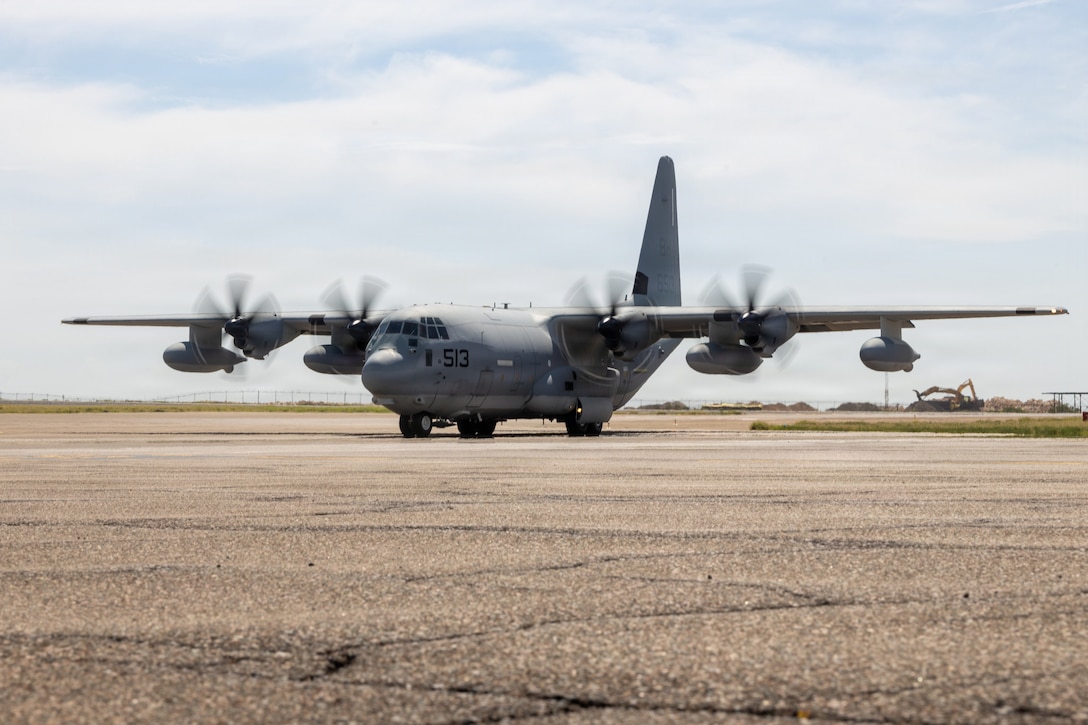 A U.S. Marine Corps KC-130J Super Hercules with Marine Aerial Refueler Transport (VMGR) Squadron 252, 2nd Marine Aircraft Wing, delivers supplies to Jamaica in support of foreign assistance following Hurricane Melissa in Kingston, Jamaica, Nov. 11, 2025. U.S. military forces are deployed to Jamaica at the direction of U.S. Southern Command to provide immediate, lifesaving assistance following Hurricane Melissa. (U.S. Marine Corps photo)