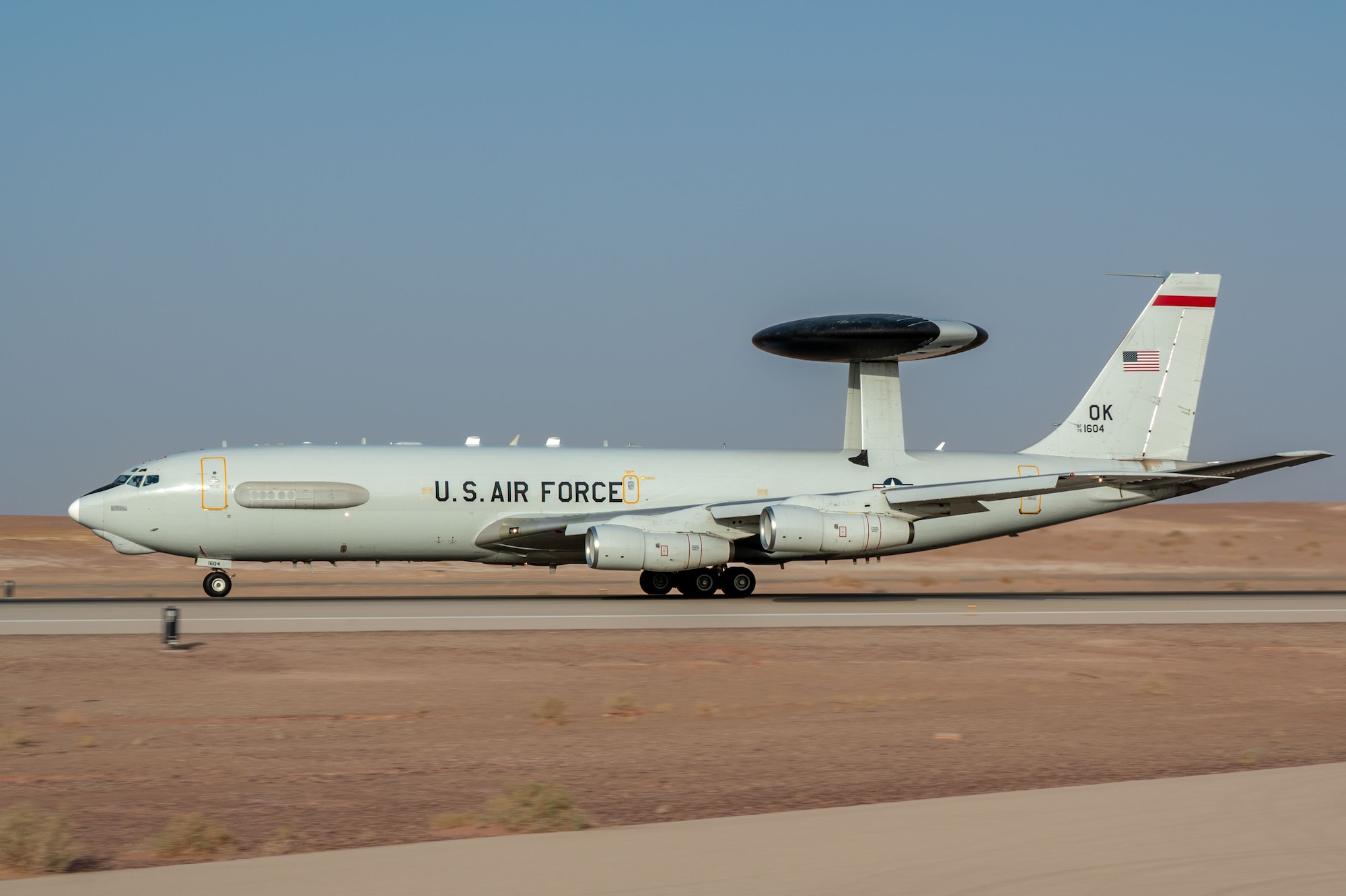 A U.S. Air Force E-3 Sentry assigned to the 960th Expeditionary Airborne Air Control Squadron prepares to take off before an integrated E-3 Sentry sortie.
