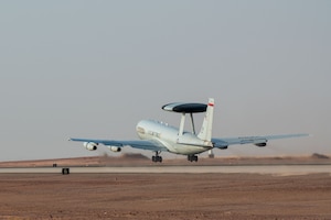 A U.S. Air Force E-3 Sentry assigned to the 960th Expeditionary Airborne Air Control Squadron takes off during an integrated E-3 Sentry sortie.