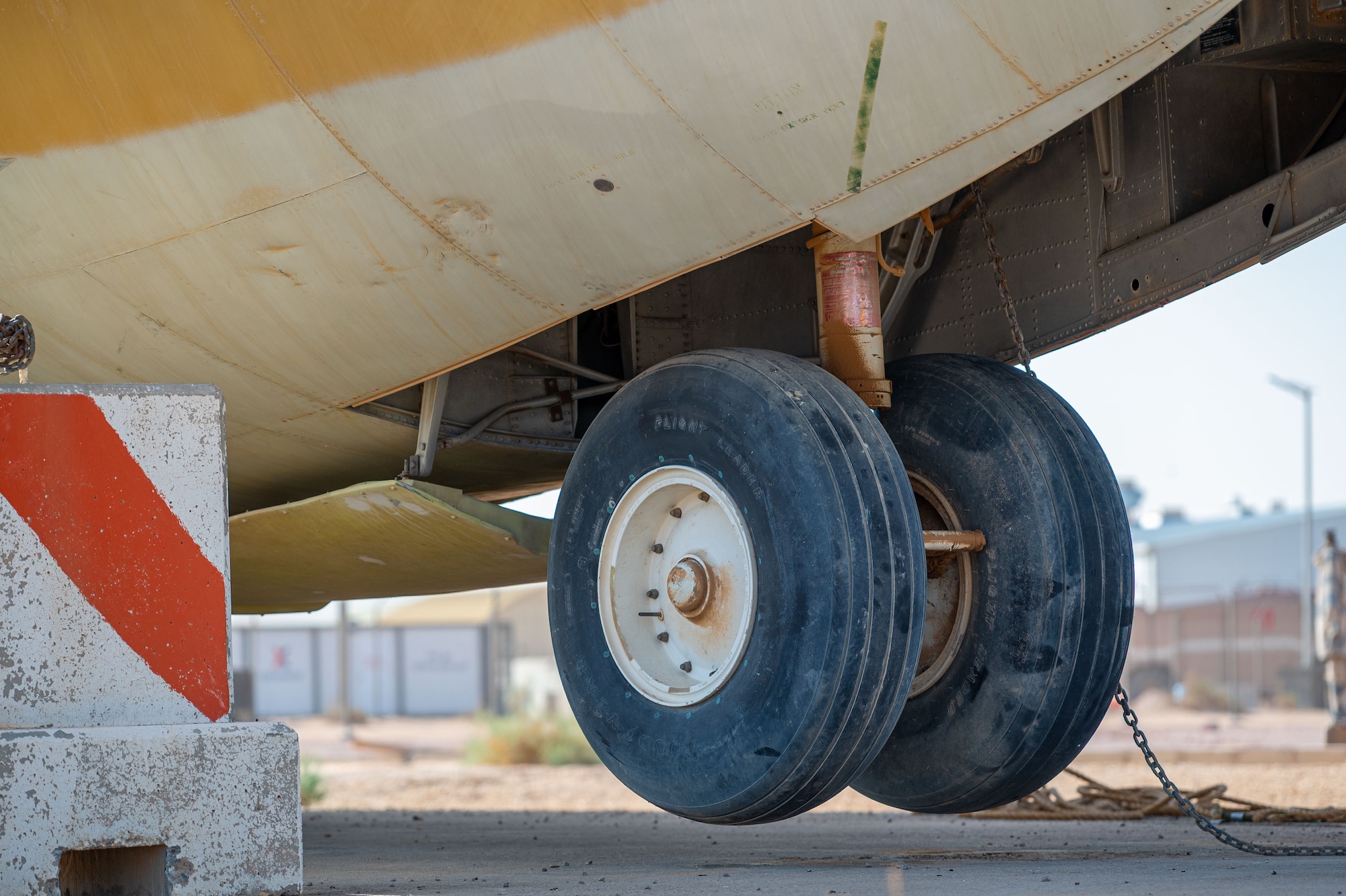 A C-130J Super Hercules assigned to the Royal Saudi Air Force is lifted off the ground during a Crash, Damaged, Disabled, Aircraft Recovery exercise with U.S. Air Force and RSAF service members.