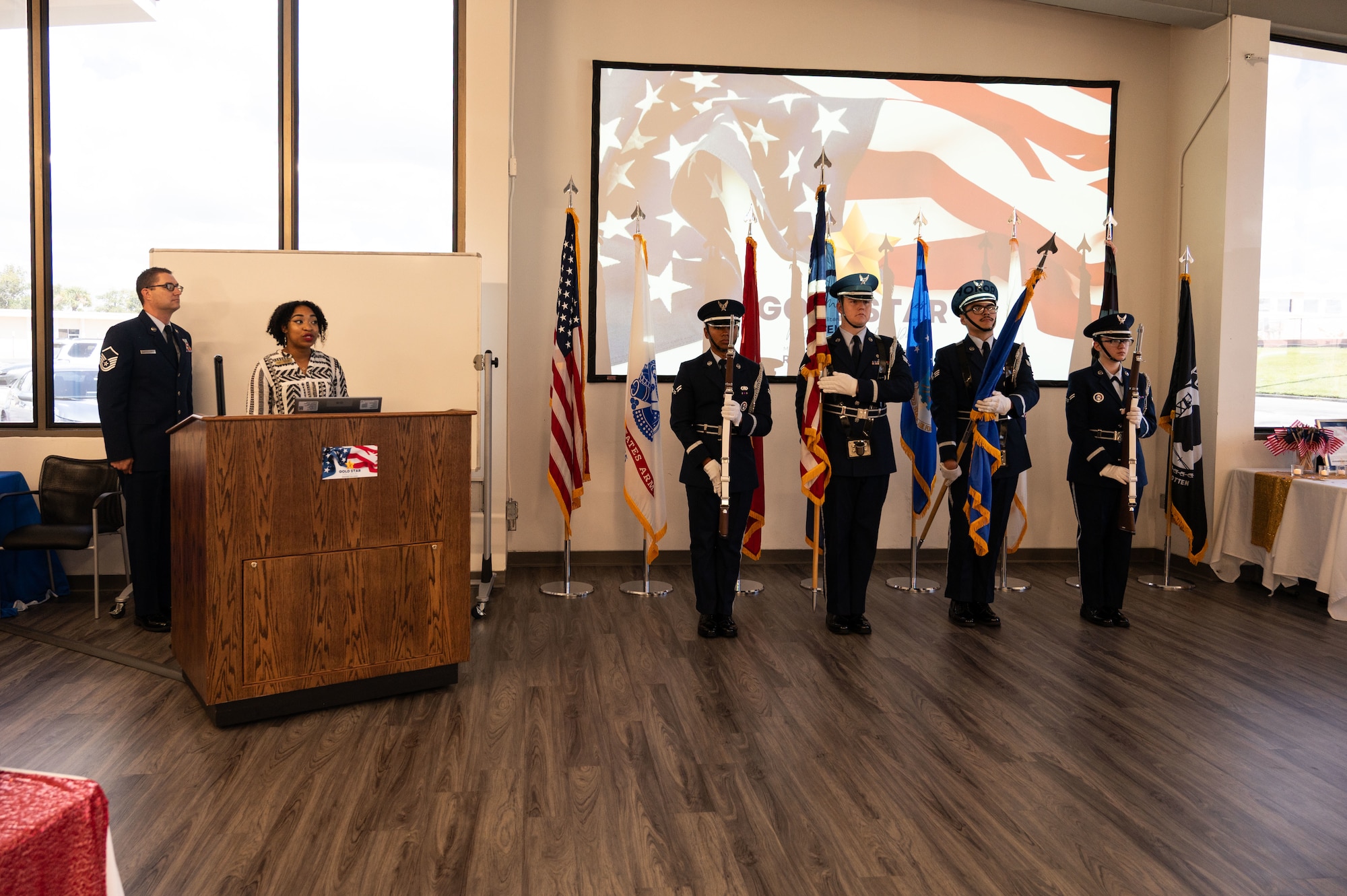 The MacDill Air Force Base Honor Guard, presents the colors during the Gold Star Mother’s and Family Day event at MacDill Air Force Base, Florida, Sept. 28, 2025. Air Force Honor Guard delivers premier ceremonial honors in support of Air Force personnel and their families. (U.S. Air Force photo by Senior Airman Sterling Sutton)