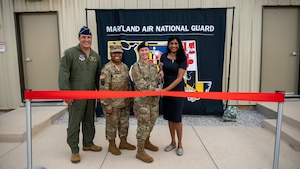 Maryland Lt. Gov. Aruna Miller, Maryland Army National Guard Maj. Gen. Janeen L. Birckhead, Adjutant General for Maryland, Maryland Air National Guard Brig. Gen. Drew Dougherty, Assistant Adjutant General - Air, and Maryland Air National Guard Capt. Allison Fleming, commander of the 175th Security Forces Squadron, pose for a group photo during a ribbon-cutting ceremony for the new small-arms range at Warfield Air National Guard Base at Martin State Airport, September 23, 2025.