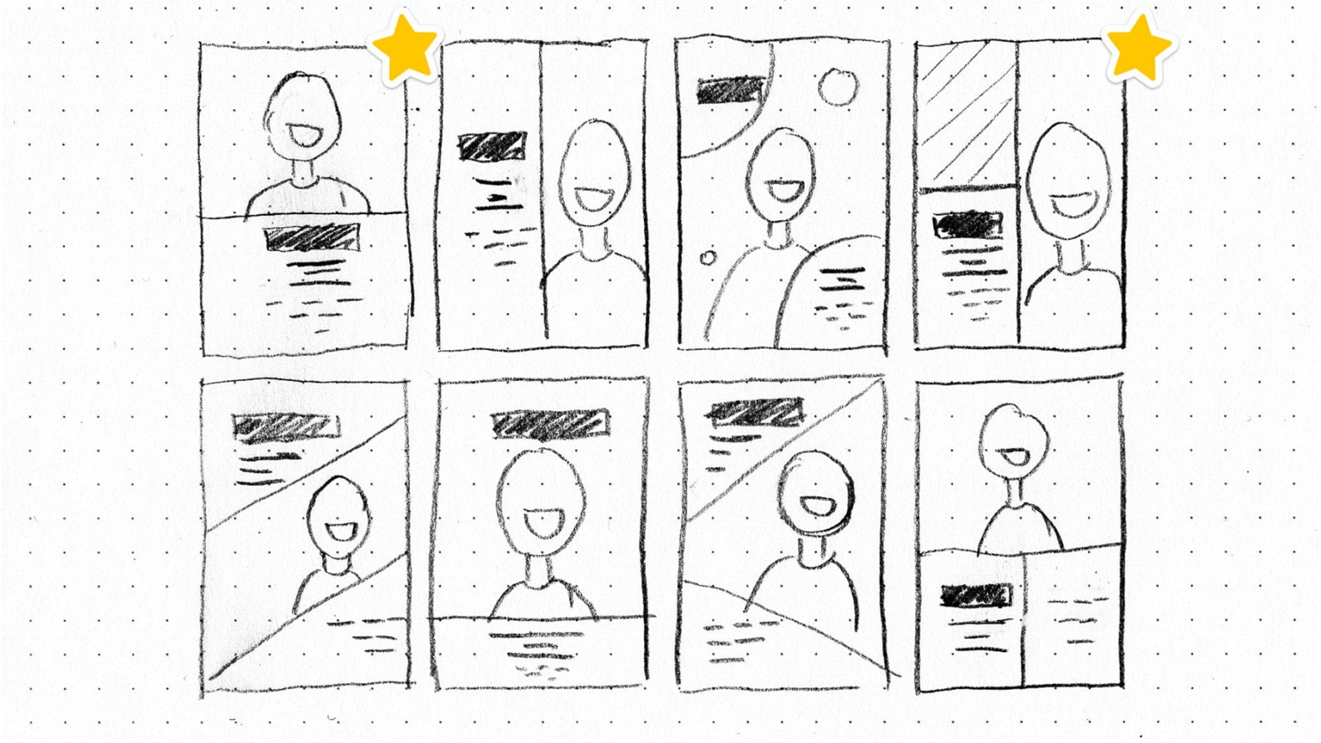 Rectangular thumbnail sketches contain varying layouts for a future campaign.
