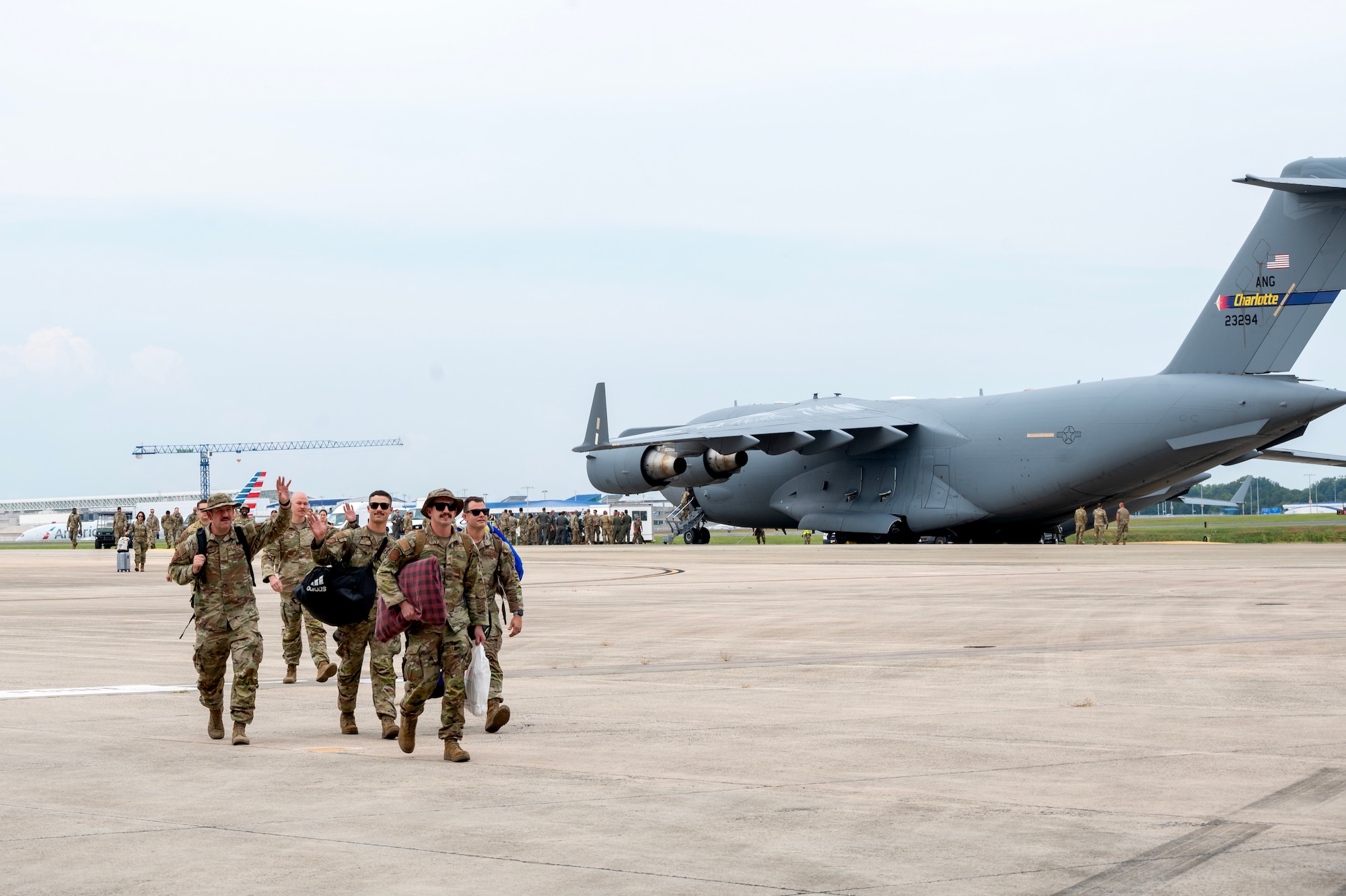 The 145th Airlift Wing (AW) hosts friends and family as they welcome Airmen from the North Carolina Air National Guard back from a deployment to the Middle East at the North Carolina Air National Guard base, Charlotte-Douglas International Airport, Sept. 15, 2025.