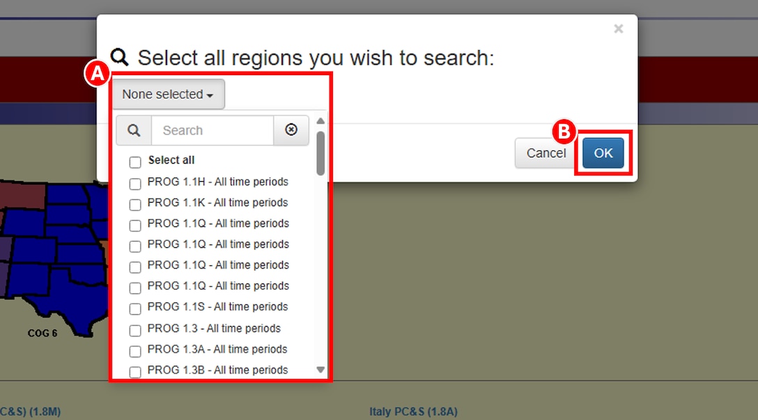 DLA Energy Direct Delivery PC&S Contract Information System Global Search user selecting which program locations to search in and then the Ok button.