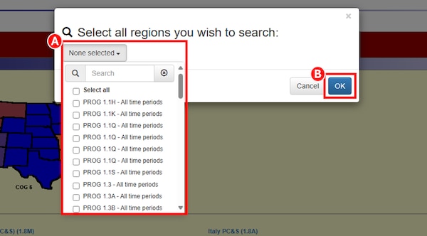 DLA Energy Direct Delivery PC&S Contract Information System Global Search user selecting which program locations to search in and then the Ok button.
