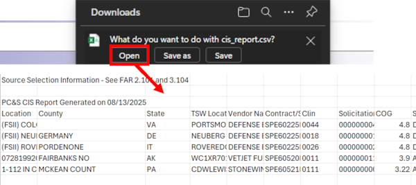 DLA Energy Direct Delivery PC&S Contract Information System Global Search report from Download Excel Spreadsheet option. To view report select the downloads pop up Open button.