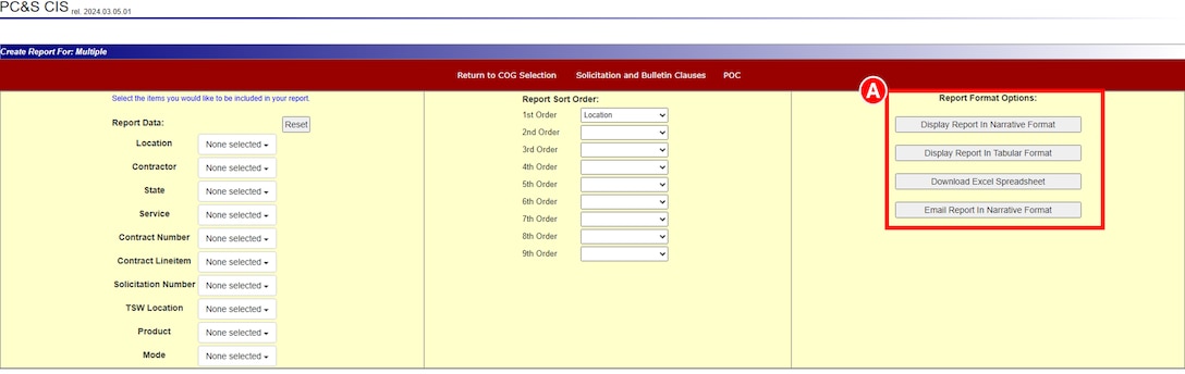 DLA Energy Direct Delivery PC&S Contract Information System Global Search report format options include: Narrative Format, Tabular Format, Download Excel Spreadsheet, or email report in Narrative format.