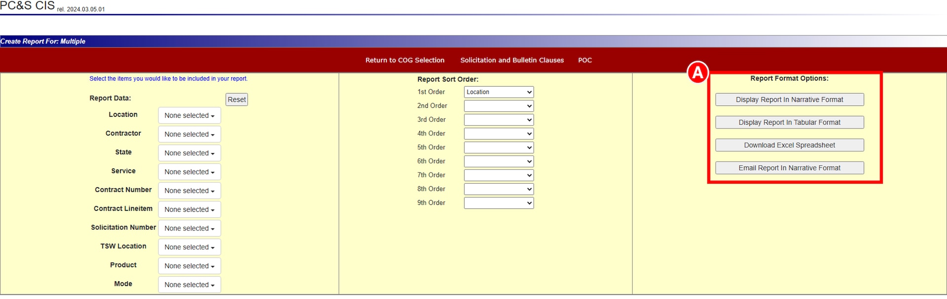 DLA Energy Direct Delivery PC&S Contract Information System Global Search report format options include: Narrative Format, Tabular Format, Download Excel Spreadsheet, or email report in Narrative format.