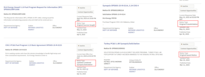 DLA Energy Direct Delivery PC&S solicitation notice type examples from the System for Award Management including: Source Sought, Presolicitation, Updated Combined Synopsis/Solicitation, and Original Award Notice.