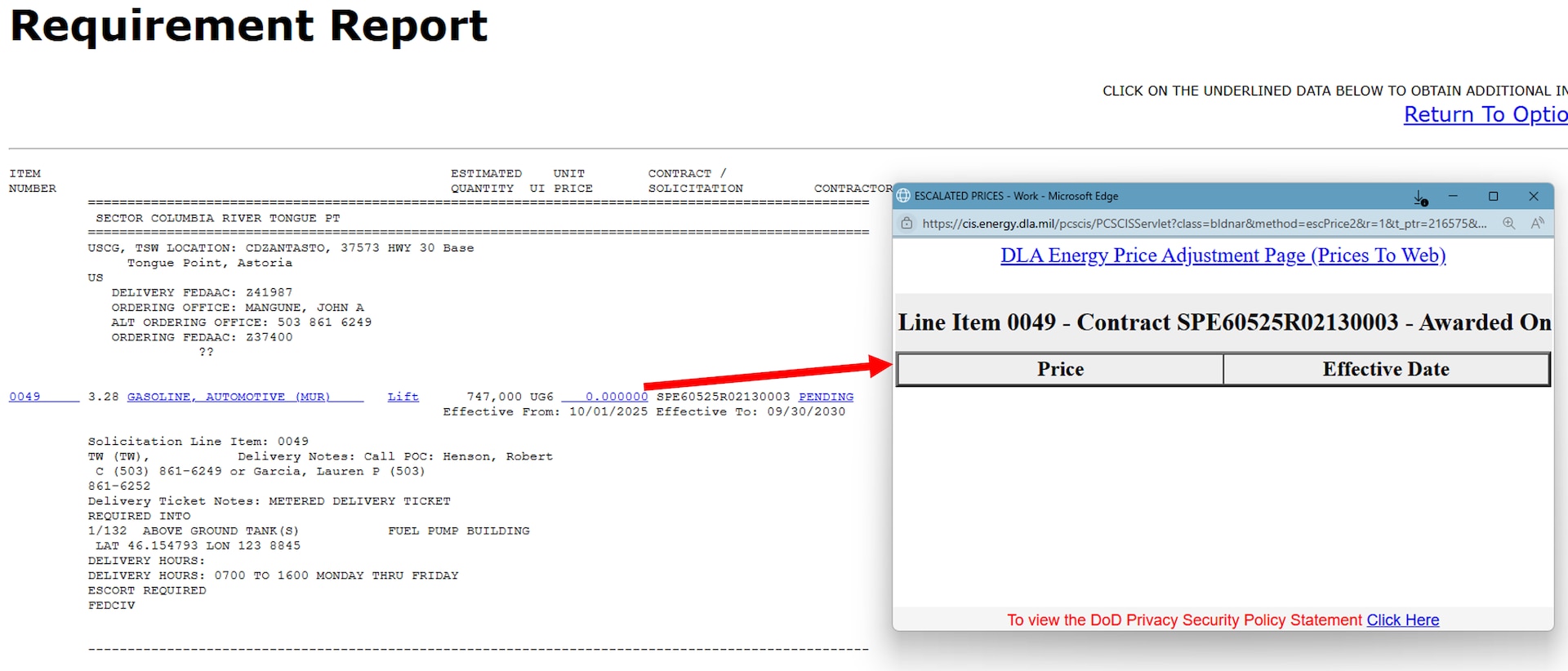 DLA Energy Direct Delivery PC&S Contract Information System historical contract data from the Narrative format option with Escalator pricing data.