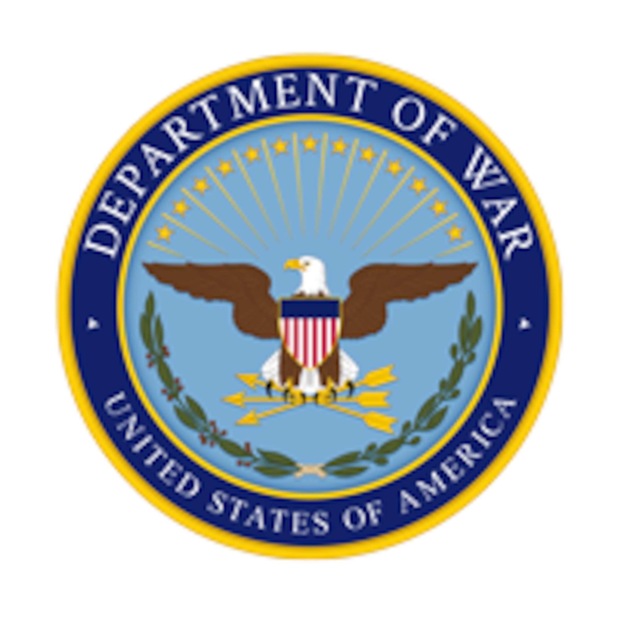 A circled emblem depicting an American Eagle with the U.S. Shield, arrows, wreaths, and the curved lettering on top that says Department of War.
