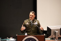Incoming Huntsville Center Commander, Col. Robert Hilliard, speaks during the Change of Command ceremony U.S. Space and Rocket Center’s Davidson Center for Space Exploration, 1 Tranquility Base, Huntsville, Alabama.