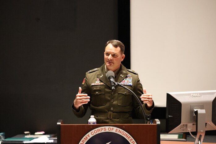 Incoming Huntsville Center Commander, Col. Robert Hilliard, speaks during the Change of Command ceremony U.S. Space and Rocket Center’s Davidson Center for Space Exploration, 1 Tranquility Base, Huntsville, Alabama.