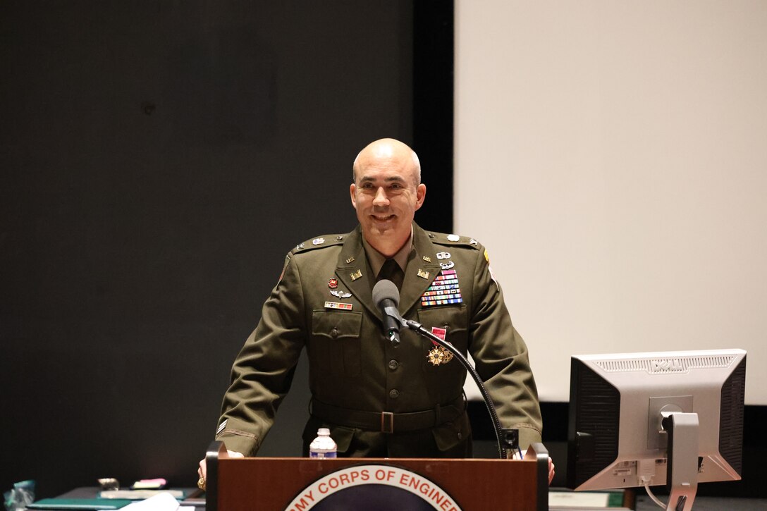 Departing Huntsville Center Commander, Col. Sebastien Joly, speaks during Change of Command ceremony at the U.S. Space and Rocket Center’s Davidson Center for Space Exploration, 1 Tranquility Base, Huntsville, Alabama.
