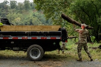 A U.S. Soldier with the District of Columbia Army National Guard tosses a log into the back of a truck during a cleanup at Fletcher's Cove in support of Task Force Beautification Washington, D.C., Sept. 17, 2025. About 2,300 National Guard members are supporting the D.C. Safe and Beautiful mission providing critical support to the D.C. Metropolitan Police Department in ensuring the safety of all who live, work and visit the District.