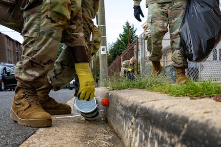 U.S. Army Soldiers with the Multi-agency Augmentee Command (MAC), District of Columbia National Guard, gather litter and debris in the Ivy City neighborhood of Washington, D.C. Sept. 20, 2025. The Soldiers are part of the D.C. Safe and Beautiful mission, which involves about 2,300 National Guard members providing critical support to the D.C. Metropolitan Police Department (MPD) to ensure the safety of all who live, work and visit the District.