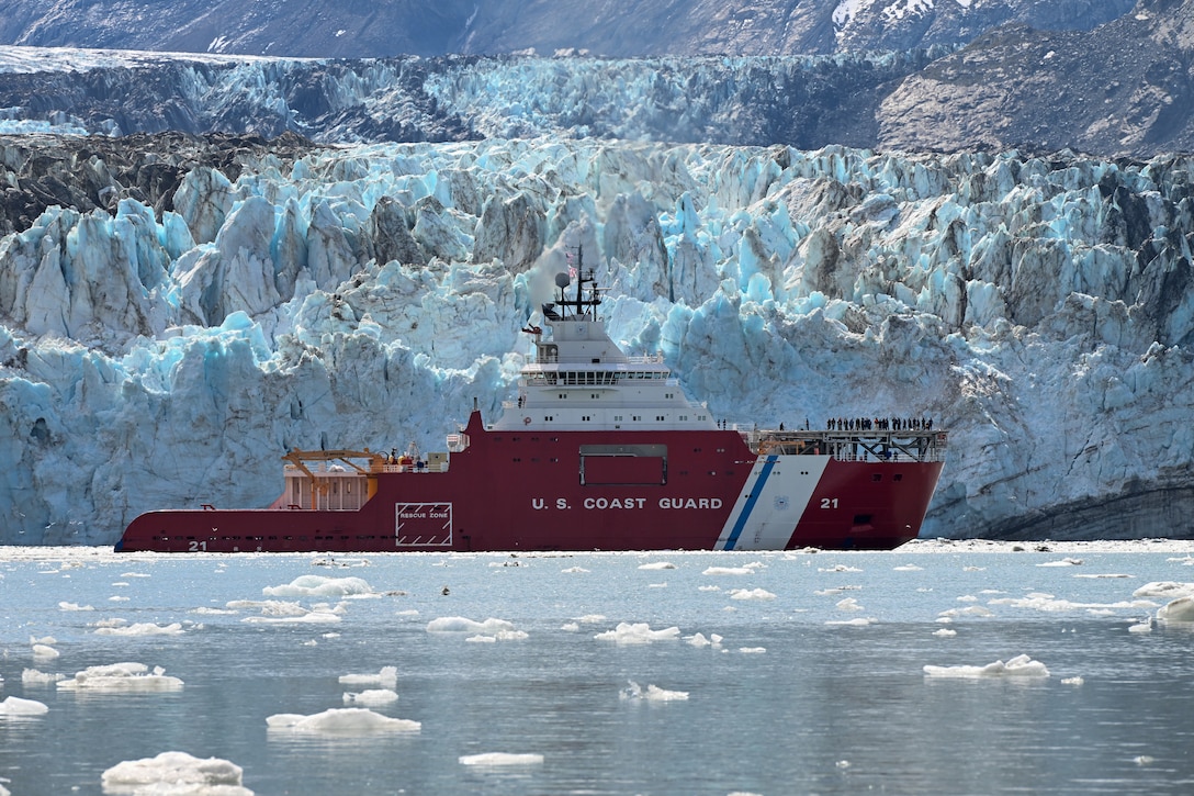 The U.S. Coast Guard Cutter Storis uses dynamic positioning to maintain its position near the Johns Hopkins Glacier in Glacier Bay National Park and Preserve, Alaska, Aug. 5, 2025. The Storis is equipped with Dynamic Positioning Class 2 capabilities which provide redundancy and ensure station-keeping even with the failure of a critical component, such as a generator or thruster. (U.S. Coast Guard photo by Petty Officer 3rd Class Ashly Murphy)