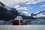 The U.S. Coast Guard Cutter Storis transits through Johns Hopkins Inlet in Glacier Bay National Park and Preserve, Alaska, Aug. 5, 2025. The Storis is built to an American Bureau of Shipping Ice Class A3 standard and can break ice and open navigable channels for other vessels. (U.S. Coast Guard photo by Petty Officer 3rd Class Ashly Murphy)