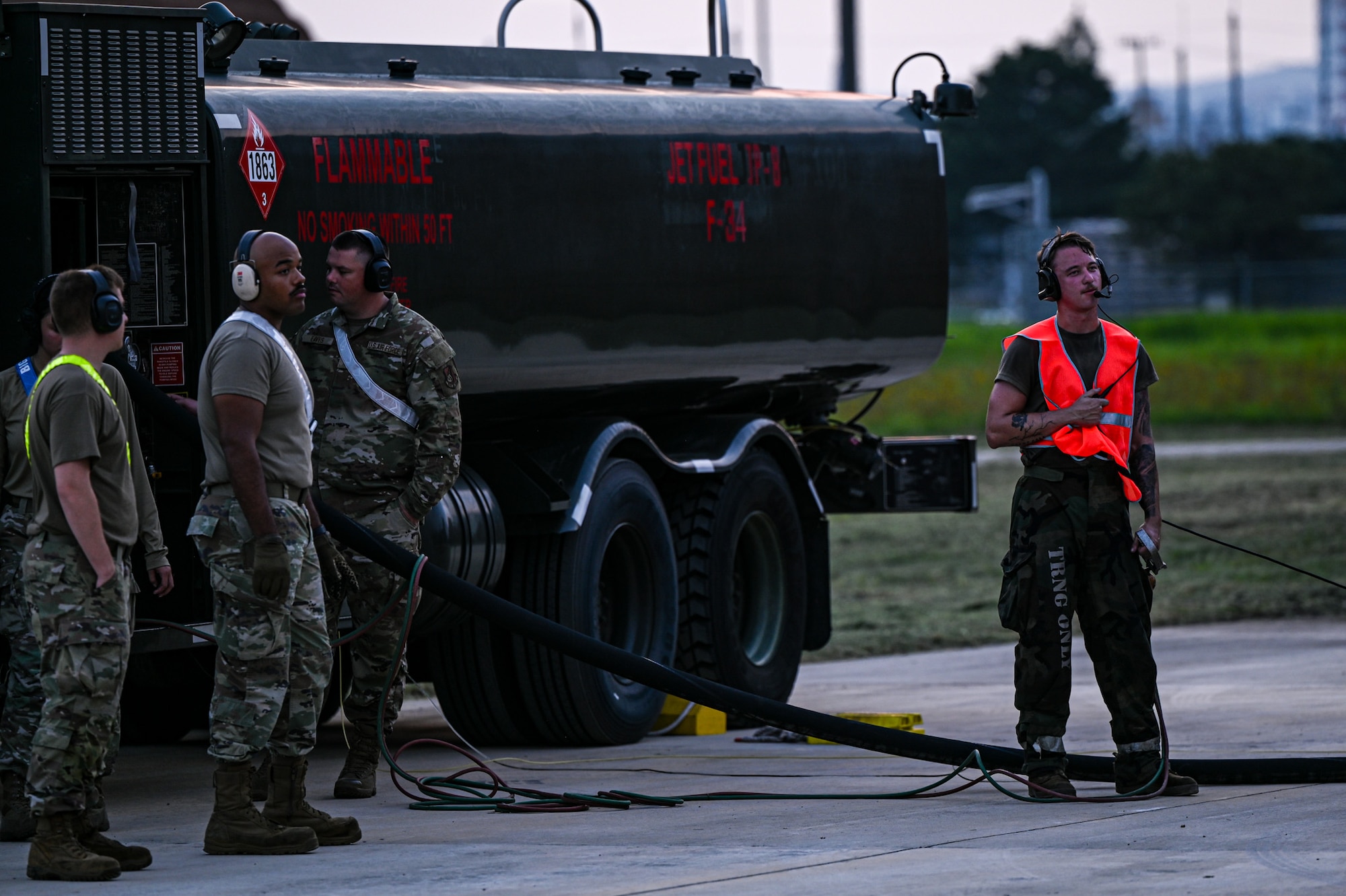 U.S. Air Force Airmen from the 11th Combat Air Base Squadron and the 51st Fighter Wing refuel a F-16 Fighting Falcon assigned to the 36th Fighter Squadron during exercise Ulchi Freedom Shield 25 at Daegu Air Base, Republic of Korea, Aug. 21, 2025. As one of the largest training exercises between the U.S. and ROK, UFS tests the Alliance with complex challenges and includes comprehensive after-action reviews to ensure constant improvement. (U.S. Air Force photo by Senior Airman Andrew Garavito)