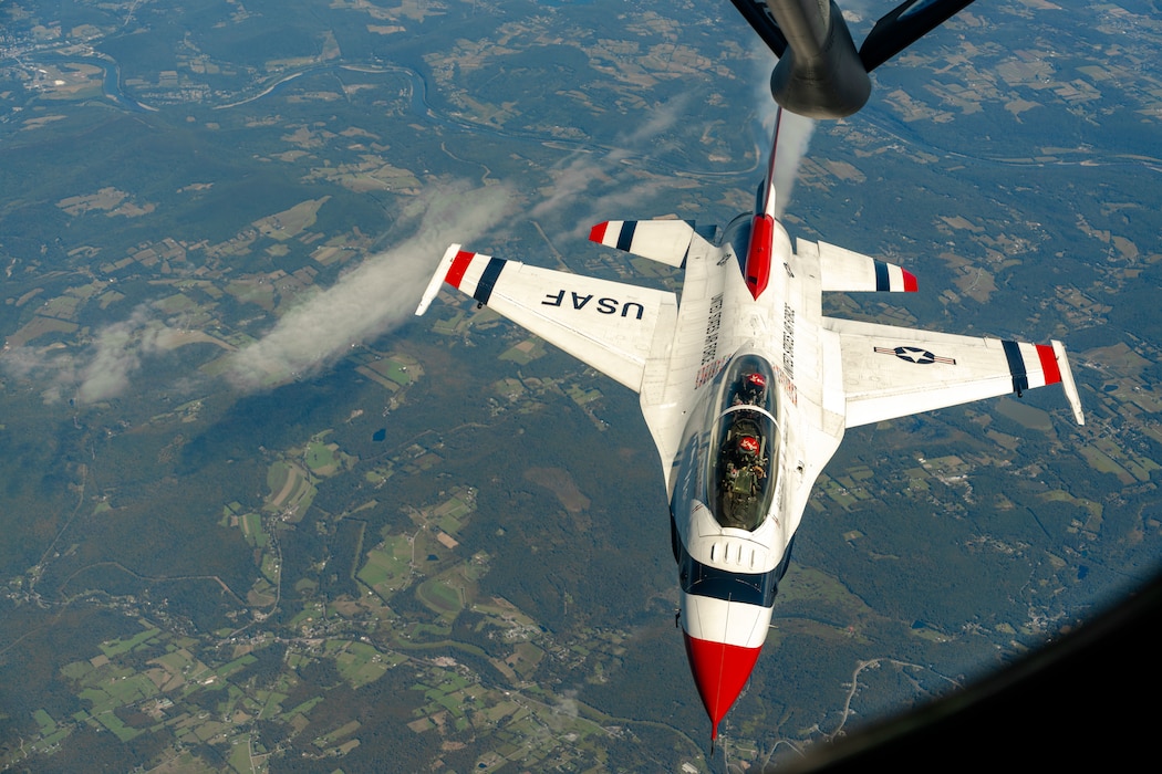 An F-16 Fighting Falcon from the U.S. Air Force Thunderbirds prepares to take off after being refueled by the KC-135 Stratotanker assigned to the 101st Air Refueling Wing, Sept. 10, 2025.