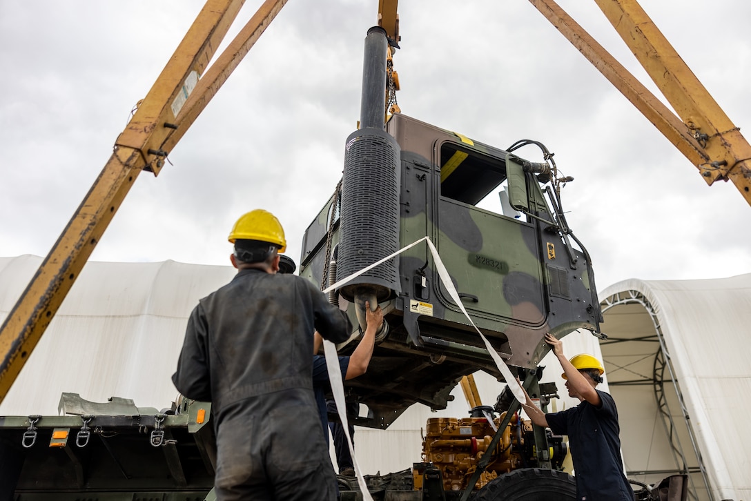 U.S. Marines with 1st Maintenance Battalion, 1st Combat Readiness Regiment, 1st Marine Logistics Group, repair a Medium Tactical Vehicle Replacement on Marine Corps Base Camp Pendleton, California, Sept. 30, 2025.