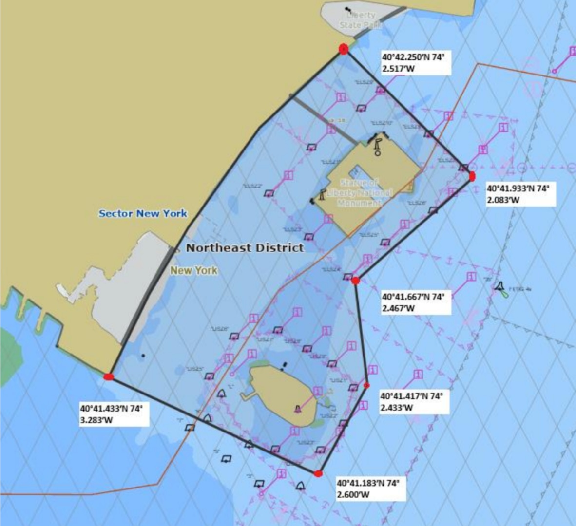 Map of exercise safety zone in Upper New York Bay