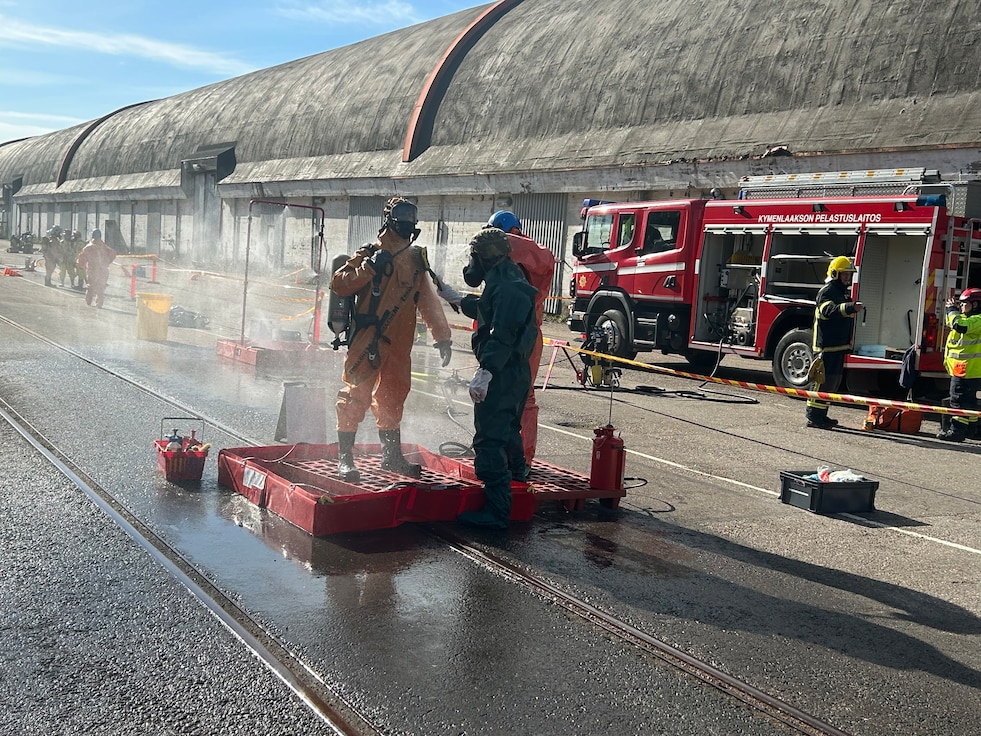 Virginia National Guard Soldiers assigned to the Troutville-based 229th Chemical Company, 329th Regional Support Group, and Fort Pickett-based 34th Civil Support Team conduct a chemical, biological, radiological, and nuclear exchange with members of the Finnish Defense Forces during Exercise Karelian Stronghold Sept. 1 - 5, 2025, near Helsinki, Finland.