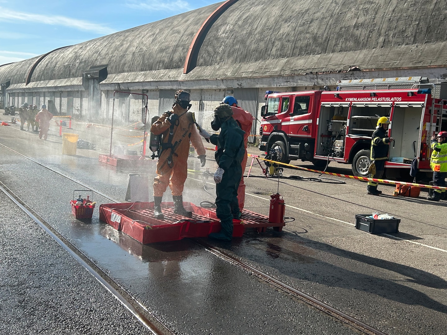 Virginia National Guard Soldiers assigned to the Troutville-based 229th Chemical Company, 329th Regional Support Group, and Fort Pickett-based 34th Civil Support Team conduct a chemical, biological, radiological, and nuclear exchange with members of the Finnish Defense Forces during Exercise Karelian Stronghold Sept. 1 - 5, 2025, near Helsinki, Finland.