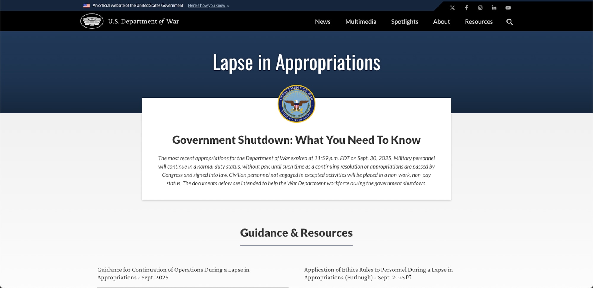 Lapse in Appropriations screenshot