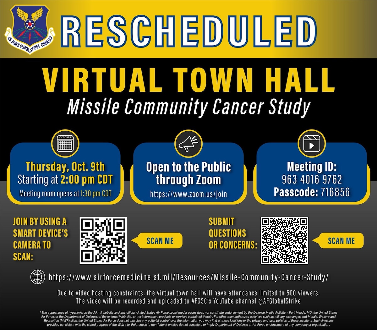 A graphic created in Adobe Illustrator released online October 6, 2025, announcing Air Force Global Strike Command’s virtual town hall livestream regarding the ongoing Missile Community Cancer Study that will be fully open to the public for the fifth time to allow broader access to released information as well as let the public voice their own questions and concerns to Department of the Air Force senior leaders. The VTH is scheduled to be held on Zoom October 9, 2025, at 2:00 pm. CDT, by AFGSC leadership, accompanied by DAF medical professionals and senior leaders. (U.S. Air National Guard graphic by Tech. Sgt. Shelby Thurman)