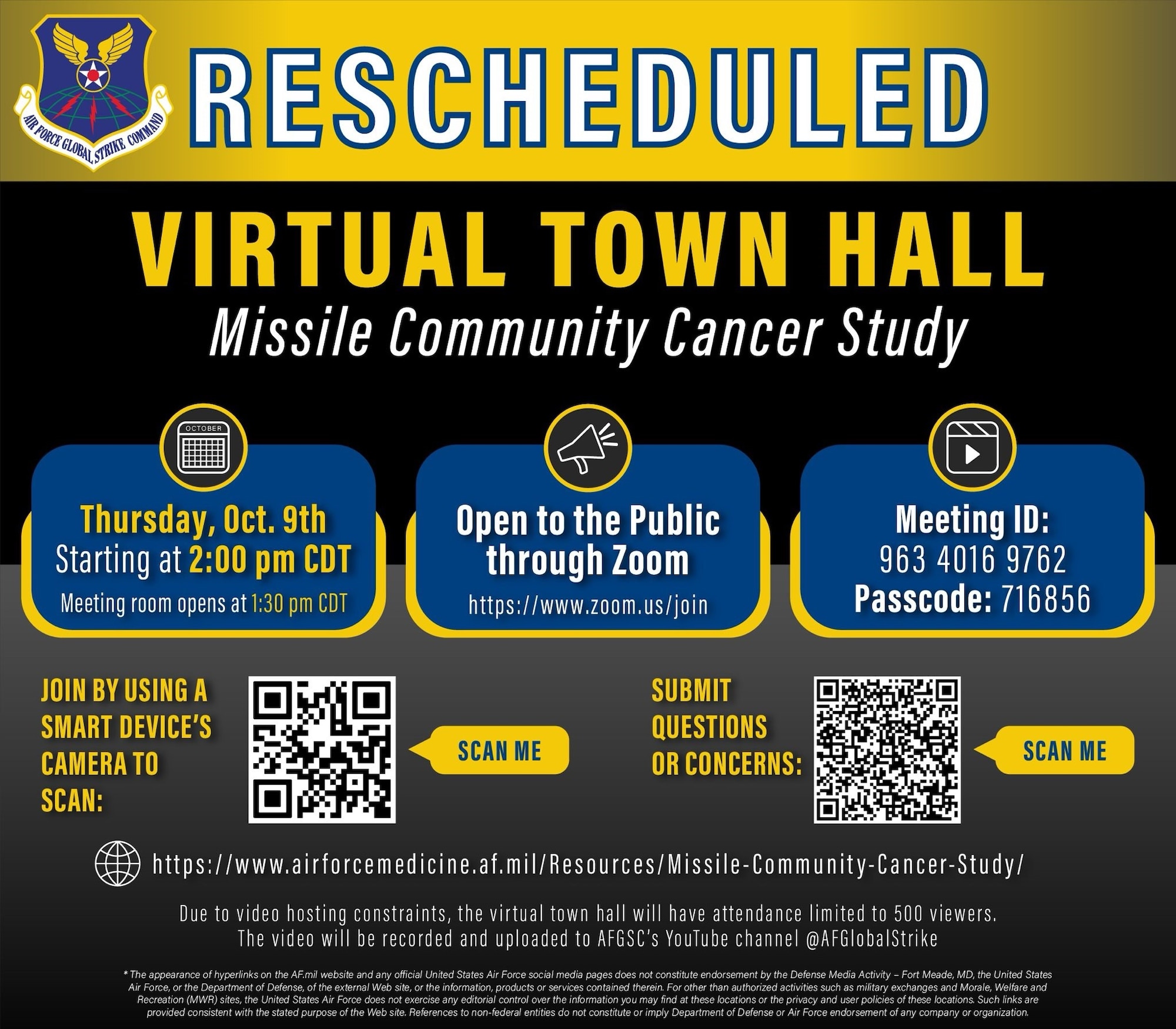 A graphic created in Adobe Illustrator released online October 6, 2025, announcing Air Force Global Strike Command’s virtual town hall livestream regarding the ongoing Missile Community Cancer Study that will be fully open to the public for the fifth time to allow broader access to released information as well as let the public voice their own questions and concerns to Department of the Air Force senior leaders. The VTH is scheduled to be held on Zoom October 9, 2025, at 2:00 pm. CDT, by AFGSC leadership, accompanied by DAF medical professionals and senior leaders. (U.S. Air National Guard graphic by Tech. Sgt. Shelby Thurman)