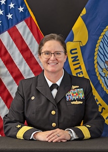 Rear Adm. Erin Acosta's official photo. Acosta is commander, Naval Meteorology and Oceanography Command and Task Group 80.7. She also serves as oceanographer of the Navy, navigator of the Navy and hydrographer of the Navy.