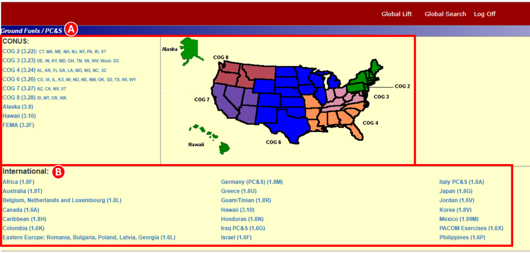 On the main DLA Energy Direct Delivery PC&S Contract Information System (CIS) home screen select the desired Continental US (CONUS) or International (OCONUS) location to pull associated contract information.